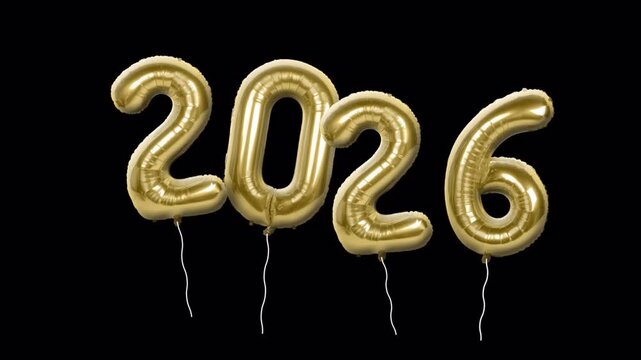 Black screen New Year 2026 gold foil balloons float around 3D rendering.