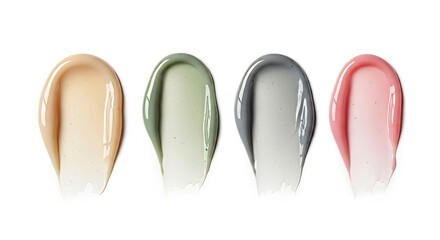 Fototapeta premium Four swatches of cosmetic cream or gel texture on white background. Sample of skin care product, makeup foundation, or facial mask.