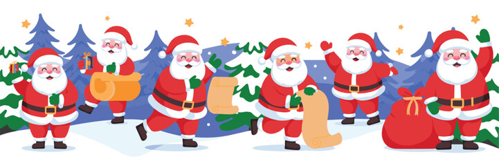 Cartoon Santa Claus illustrations, Christmas character poses, festive holiday scenes, gift giving, celebration, scroll reading, winter background, pine trees, stars