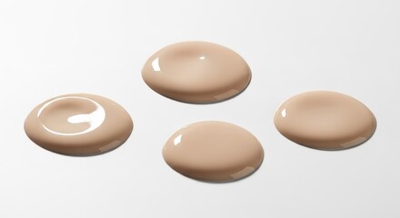 Four puddles of liquid beige color foundation. Fluid cosmetic product swatch for skin care and beauty blogging. Smooth texture makeup drop for advertising.
