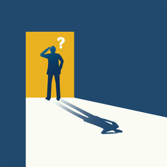 Silhouette Businessman Standing in Front of Door with Question Mark and Shadow Symbolizing Doubt or Decision