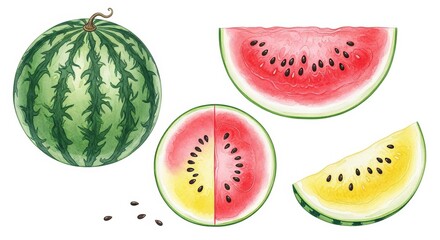 Watercolor watermelon illustration showing a whole fruit, a red slice, a yellow slice, and a hybrid slice with seeds for summer food design.