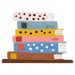 A stack of colorful illustrated books with simple patterns isolated on a white background