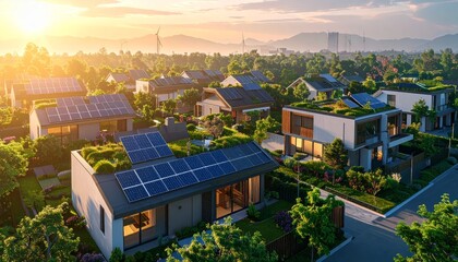 Obraz premium Aerial view showcases modern houses with solar panels and green roofs in a suburban setting
