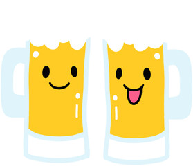 Cute Smiling Beer Mugs with Frothy Foam, Cheerful Cartoon Illustration of Two Happy Beers for Party Celebration and Friendship Concept Design