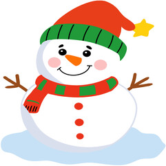 Cute Smiling Snowman Wearing Red and Green Hat with Star and Scarf, Adorable Winter Christmas Illustration for Holiday Greeting Cards and Festive Designs
