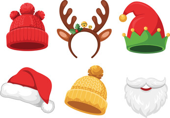 Christmas costume accessories, festive winter hats, Santa hat, elf hat, reindeer antlers, holiday beard, pom-pom hats, cheerful party props