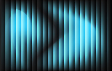 Abstract blue light beams form a glowing arrow shape across vertical stripes on a dark background. The radiant pattern creates a modern, futuristic visual effect. Ideal for technology, motion, and dig