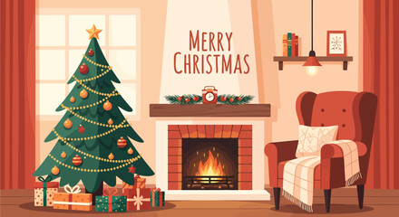 Cozy Christmas scene with a decorated tree, fireplace, armchair, and festive decorations.