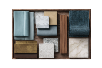 Interior design mood board with various fabric and stone samples