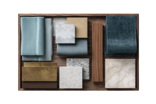 Interior design mood board with various fabric and stone samples