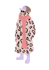Trendy person in long leopard print fur coat with pink scarf purple boots and baseball cap standing stylishly in winter outfit
