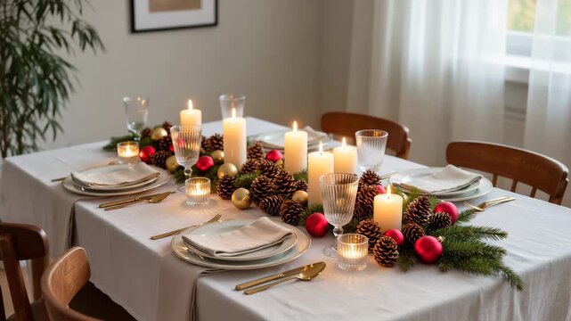 Beautifully decorated Christmas dining table with candles, pine branches, pinecones, and red and gold ornaments. Elegant tableware and soft lighting. Festive holiday dinner setup.