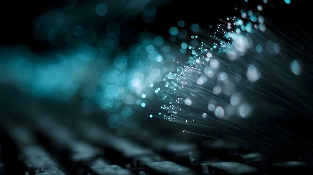 Glowing blue fiber optic cables with abstract bokeh lights symbolizing data transmission and connectivity - Powered by Adobe