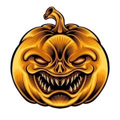 Halloween pumpkin monster with angry face expression logo illustration