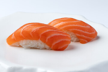 Nigiri with salmon isolated on white background for menu