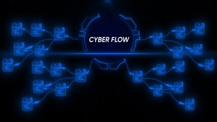 Futuristic cyber flow network data transfer abstract blue neon glowing nodes connected by light - Powered by Adobe