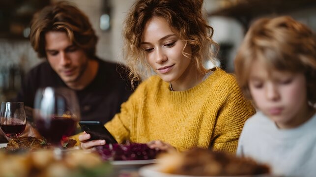 A family gathers around a dining table with a woman checking her phone while others are focused on their meals or devices