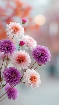 Close Up Of Delicate Pink And Purple Chrysanthemums With Soft Bokeh Background In Warm Lighting