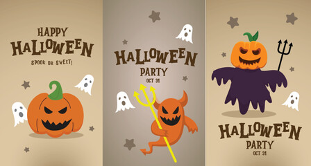 Happy Halloween Spook or Sweet Greeting Card with Grinning Jack-o'-Lantern Pumpkin and Flying Ghosts on Tan Background with Stars for Autumn Holiday Celebrations