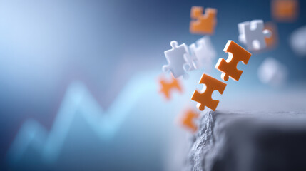 Puzzle pieces falling off edge symbolize fiscal cliff warning sign with budget deficit concerns in blurred financial background