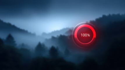 Budget deficit warning sign with fiscal cliff concept shown by red progress circle over misty forest landscape at dawn