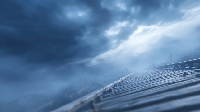 Stormy sky and fog over old wooden bridge create warning sign of fiscal cliff with budget deficit risks in dramatic natural landscape