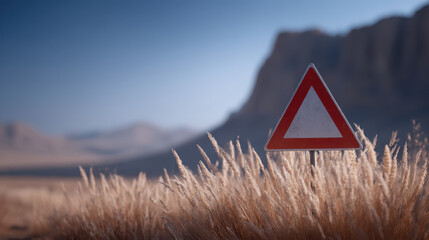 Warning sign stands in dry grass with mountain background showing fiscal budget deficit cliff as natural warning sign of economic risk