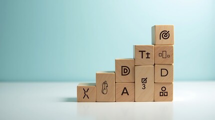 Ascending Wooden Blocks with Data and Symbolic Icons on White Surface
