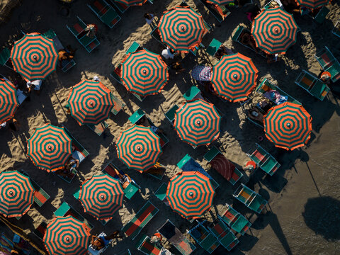 Aerial view of a tessellated pattern of beach umbrellas and sunbeds cast long shadows on the golden sand, Torre dell'Orso, Apulia, Italy.