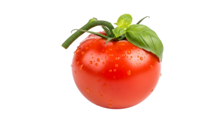 A ripe, red tomato with a fresh basil leaf, glistening with droplets, epitomizing the vibrant simplicity of nature's bounty.