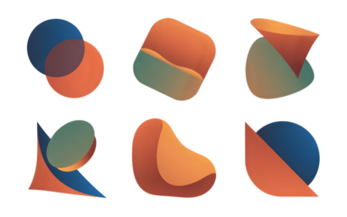 Six abstract organic shapes with gradient colors isolated on transparent background