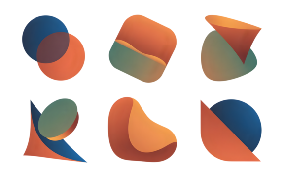 Six abstract organic shapes with gradient colors isolated on transparent background