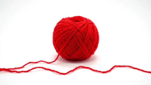 A single red ball of yarn is centered on a white background with a loose strand.