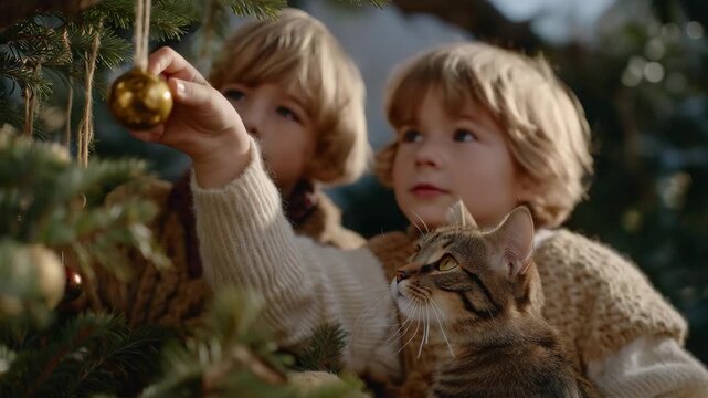 Young siblings and their cat pawing at dangling Christmas ornaments safely placed outdoors, emotion of fascination and amusement visible, representing interactive festive play, seasonal creativity,
