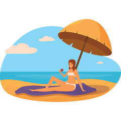 Woman In Bikini Relaxing Under Beach Umbrella Holding Smartphone Taking Selfie With Ocean And Sky In Background On Sunny Day