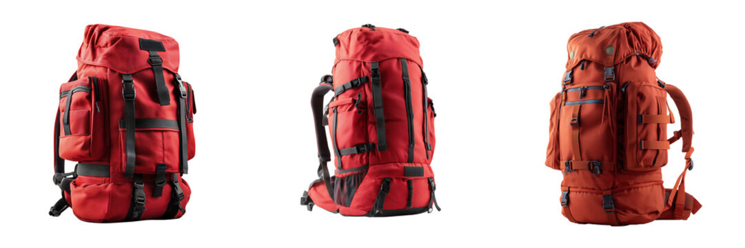 Set of Multiple primary school backpacks in various colors on transparent png background. Ai generated