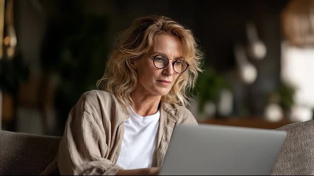 A woman with wavy blonde hair is focused on her laptop in a cozy indoor setting. The woman&rsquo;s concentration is evident as she engages with her work in this inviting environment.