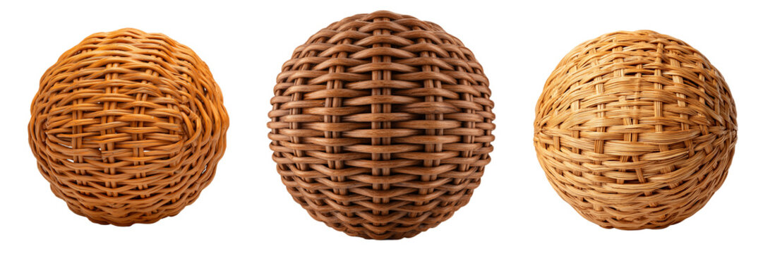 Set of Brown wicker ball texture seamless pattern, detailed 3D art of natural wood weave, realistic texture, perfect for backgrounds on transparent png background. Ai generated