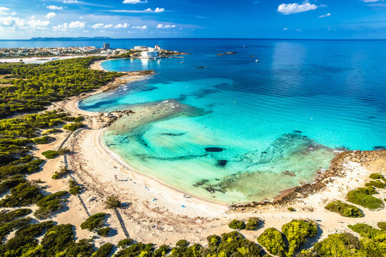 Mallorca. Es Trenc beach and Col&ograve;nia de Sant Jordi aerial panoramic view