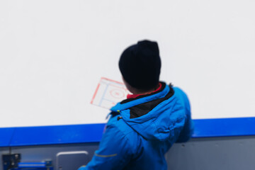 Hockey match game on ice rink arena stadium, team of ice hockey professional players with coach,...