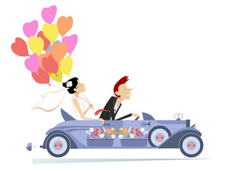 wedding ceremony. Happy married wedding couple rides a car. 