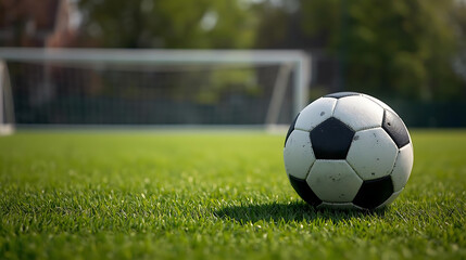 Fototapeta premium a close up of a ball with a blurred goal in the background