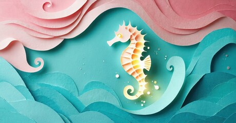 Papercraft seahorse swims amid layered waves. Soft pinks, blues create whimsical underwater scene. Delicate details, gentle curves define composition.