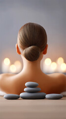 Woman relaxing in spa with candles and stones, concept of wellness, balance and relaxation in tranquil environment.
