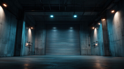 Roller door or roller shutter, concrete floor in industrial building i.e. modern factory, plant, warehouse, shop, garage or store. Include lighting at night