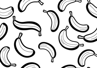 Simple black line art bananas are randomly scattered to create a fun, monochrome seamless pattern on a white backdrop.