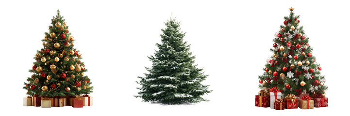 Set of Festive Christmas tree adorned with sparkling lights, baubles, and neatly wrapped presents on transparent png background. Ai generated