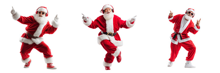 Set of Full-body Santa Claus with headphones and sunglasses, holding a smartphone and enjoying Christmas music on transparent png background. Ai generated