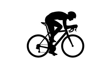 Obraz premium Black silhouette of a professional cyclist riding a racing bike isolated on a transparent background for sports marketing and design projects.